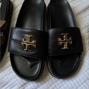 Tory Burch Black Sandals with Gold Logo